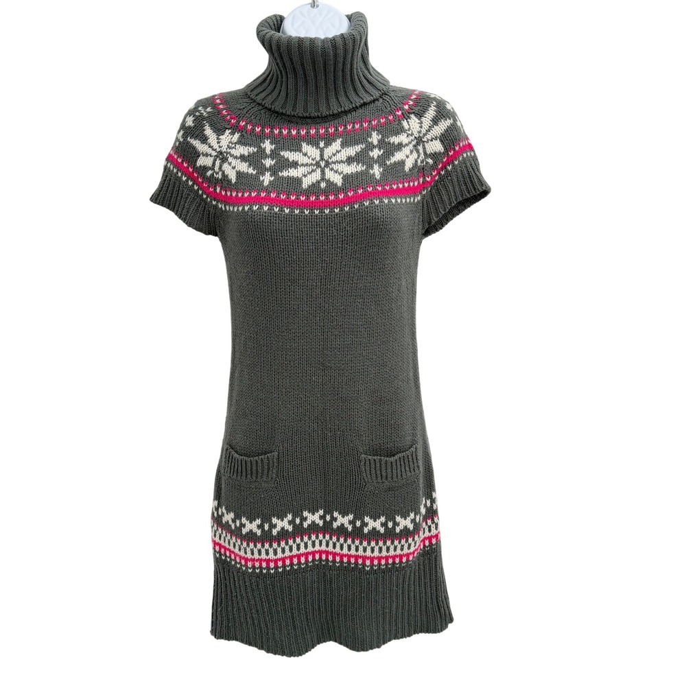 Y2K Rue21 Fair Isle Short Sleeve Sweater Dress Size S Turtleneck Gray Snowflake